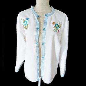 Upcycled Fruit of the Loom Cardigan Rhinestone Embroidered Ribbon‎ Grandma Chic